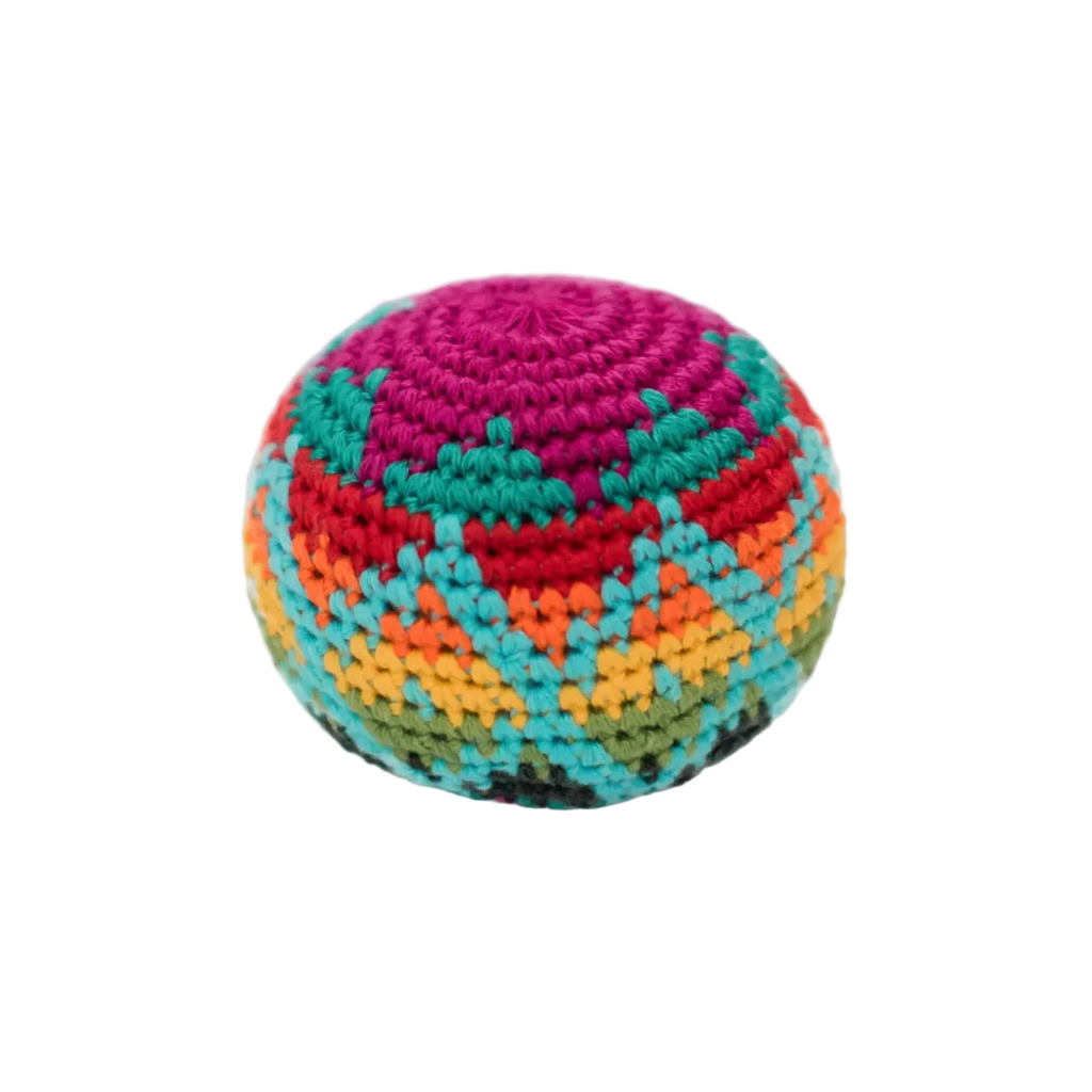 Colorful crocheted ball on a white background