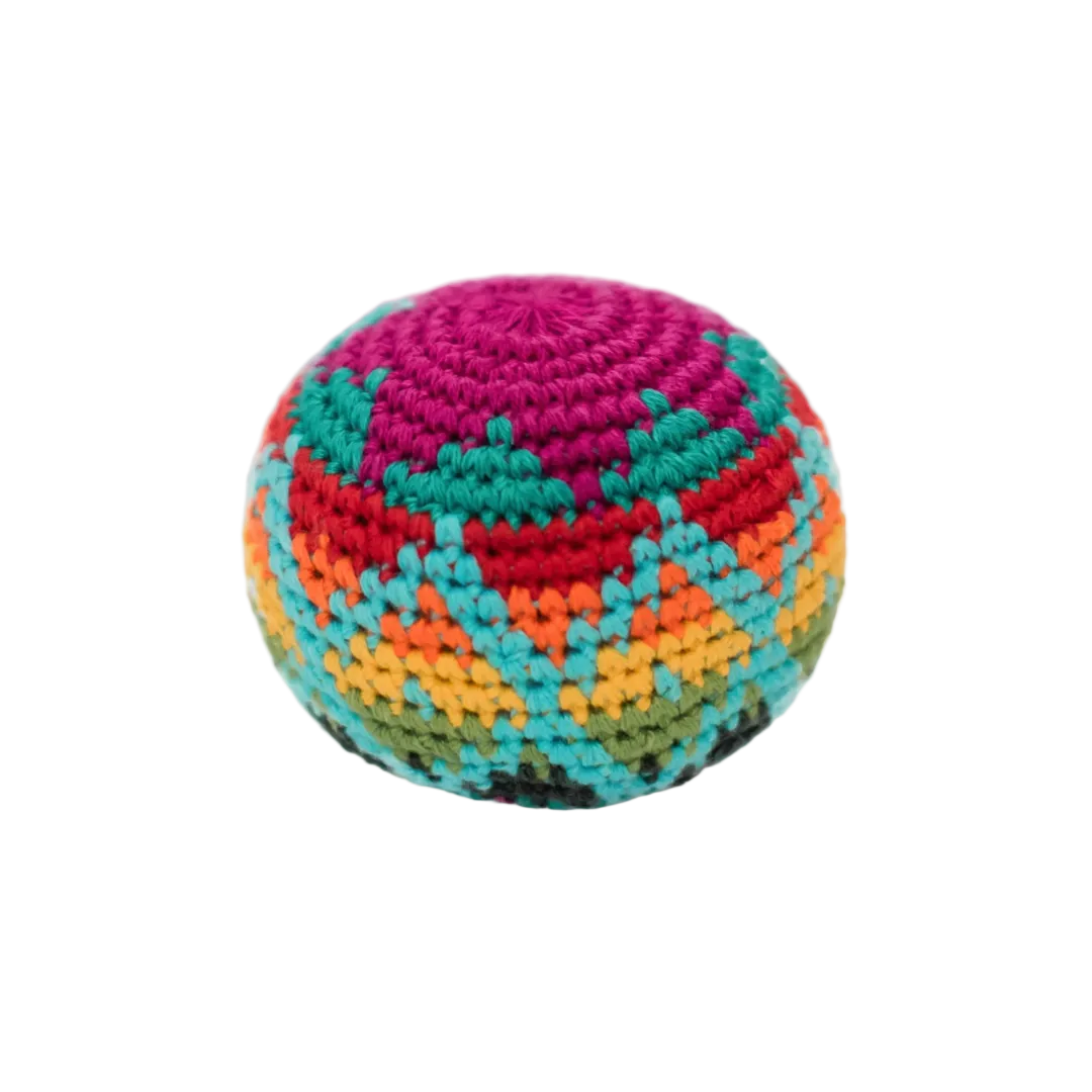 Colorful crocheted ball on a white background