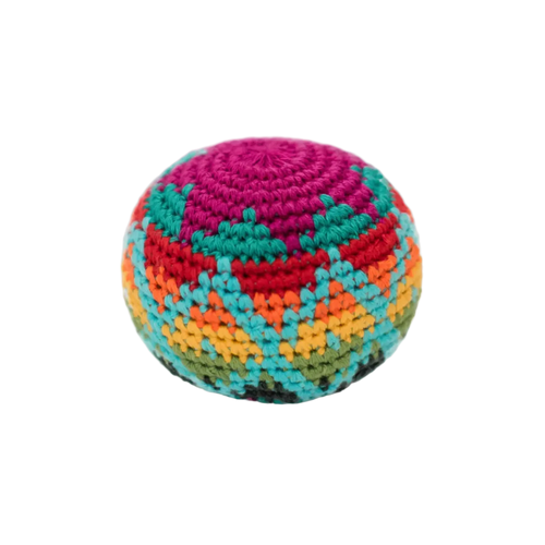 Colorful crocheted ball on a white background